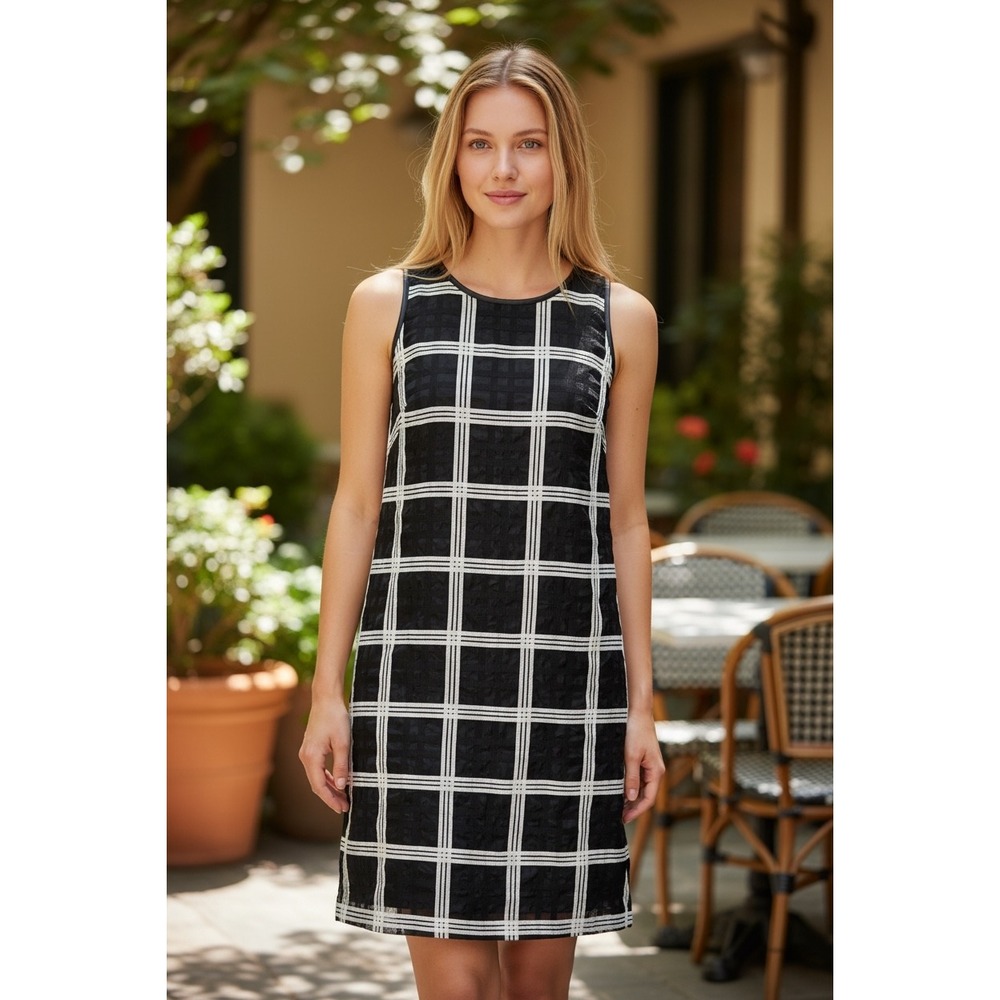 Milly Black White Windowpane Plaid Sleeveless Shift Dress‎ Size 4 Workwear USA